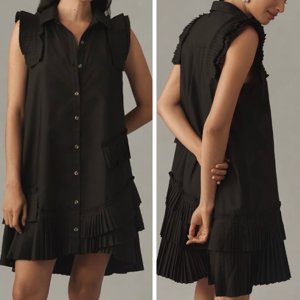 Anthropologie Black Pleated Mini Dress